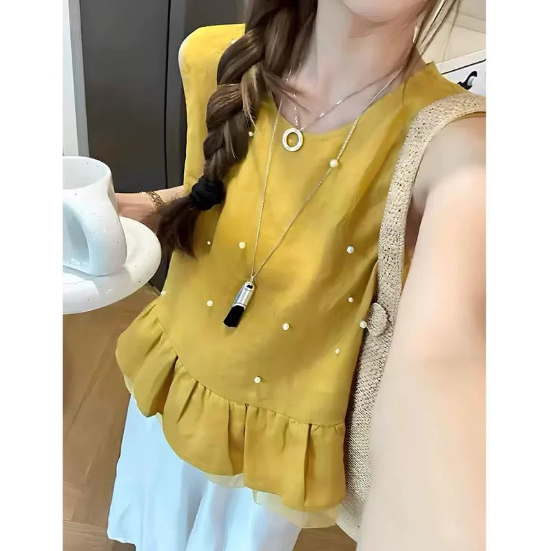 夏季新款减龄钉珠花边圆领无袖宽松百搭复古重工背心上衣