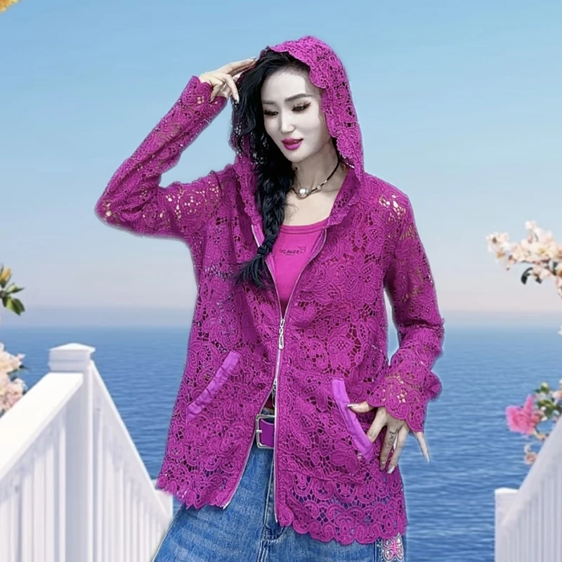 原创设计蕾丝连帽防晒衣2025新款时尚长袖镂空休闲女装上衣-7008