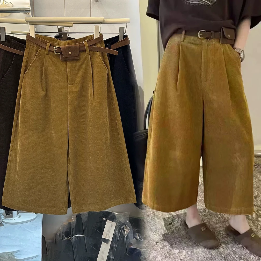 2025秋季新款韩版宽松显瘦百搭休闲高腰灯芯绒阔腿裤女八分裤