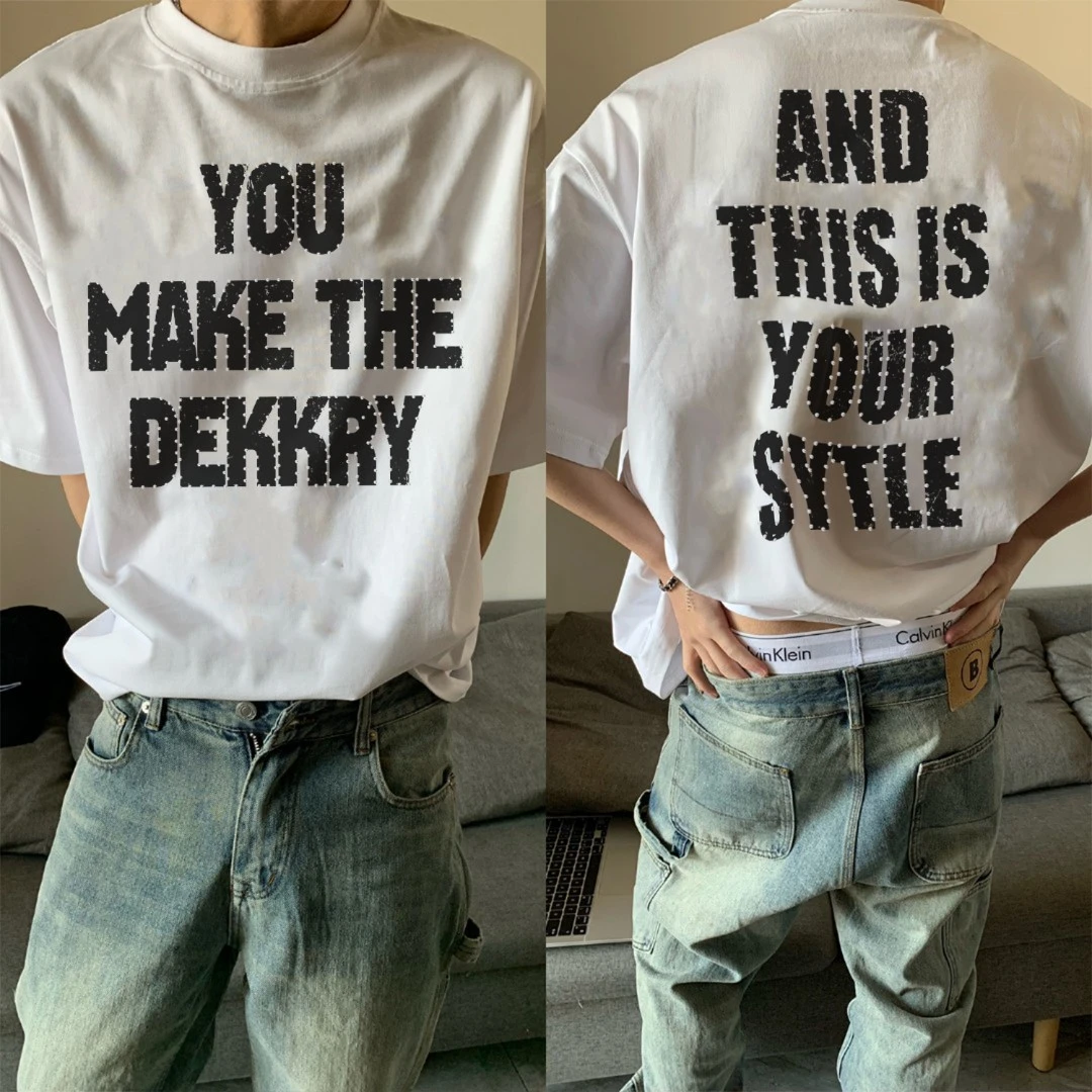 100%纯棉美式镶边字母印花潮流短袖T恤男女夏季休闲宽松情侣上衣