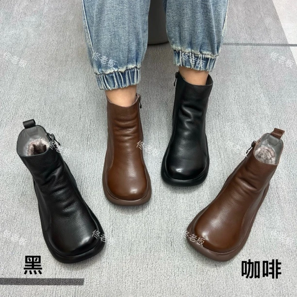 20863 纯皮厚底棉里时尚简约舒适百搭手工复古短靴马丁靴