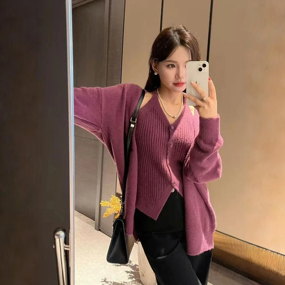 秋日巨好看的小香风毛衣女套装秋冬季针织开衫吊带背心上衣两件套