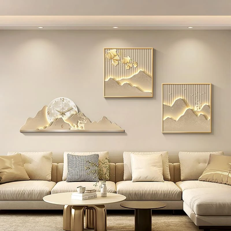 现代轻奢客厅装饰画背有靠山沙发背景墙壁画高级感钟表挂画山水画