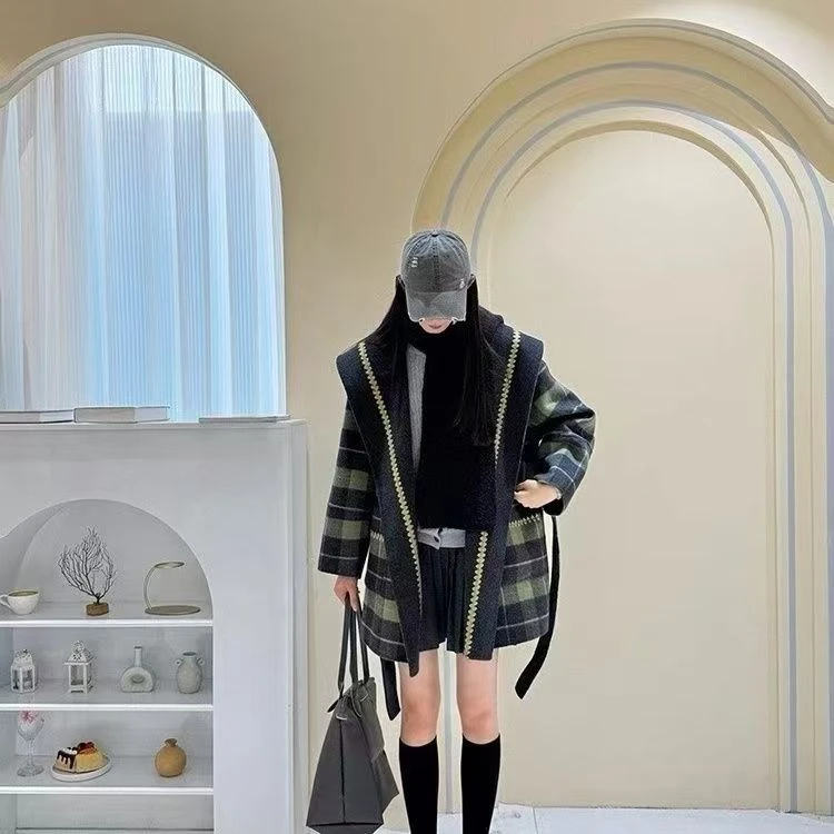 新款法式复古黑绿格纹双面羊毛呢外套大衣女秋冬高级感冬季长款