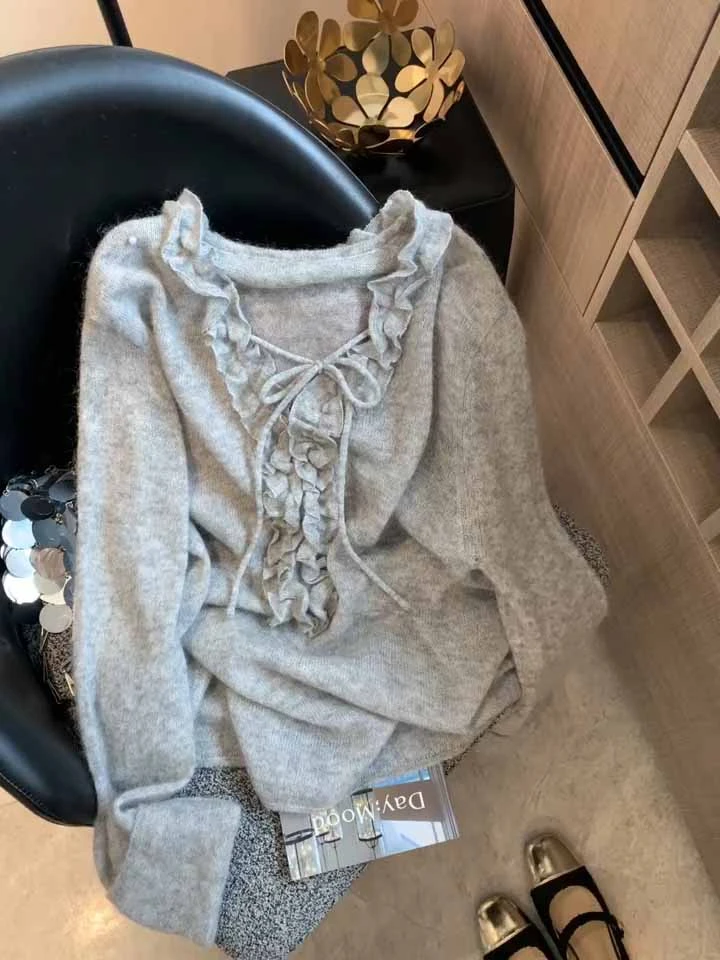 慵懒风灰色木耳边毛衣女2025早秋新款系带蝴蝶结针织衫软糯上衣