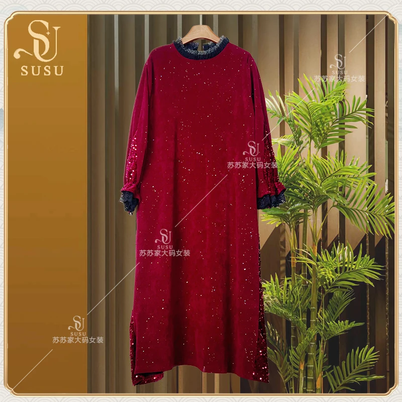 （WY）244/迎新大气精致亮片连衣裙喜气洋气红色长裙厚-F