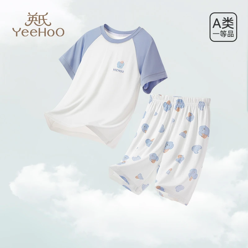 英氏儿童睡衣夏季薄款居家服男童中大童莫代尔短袖空调服2025新款