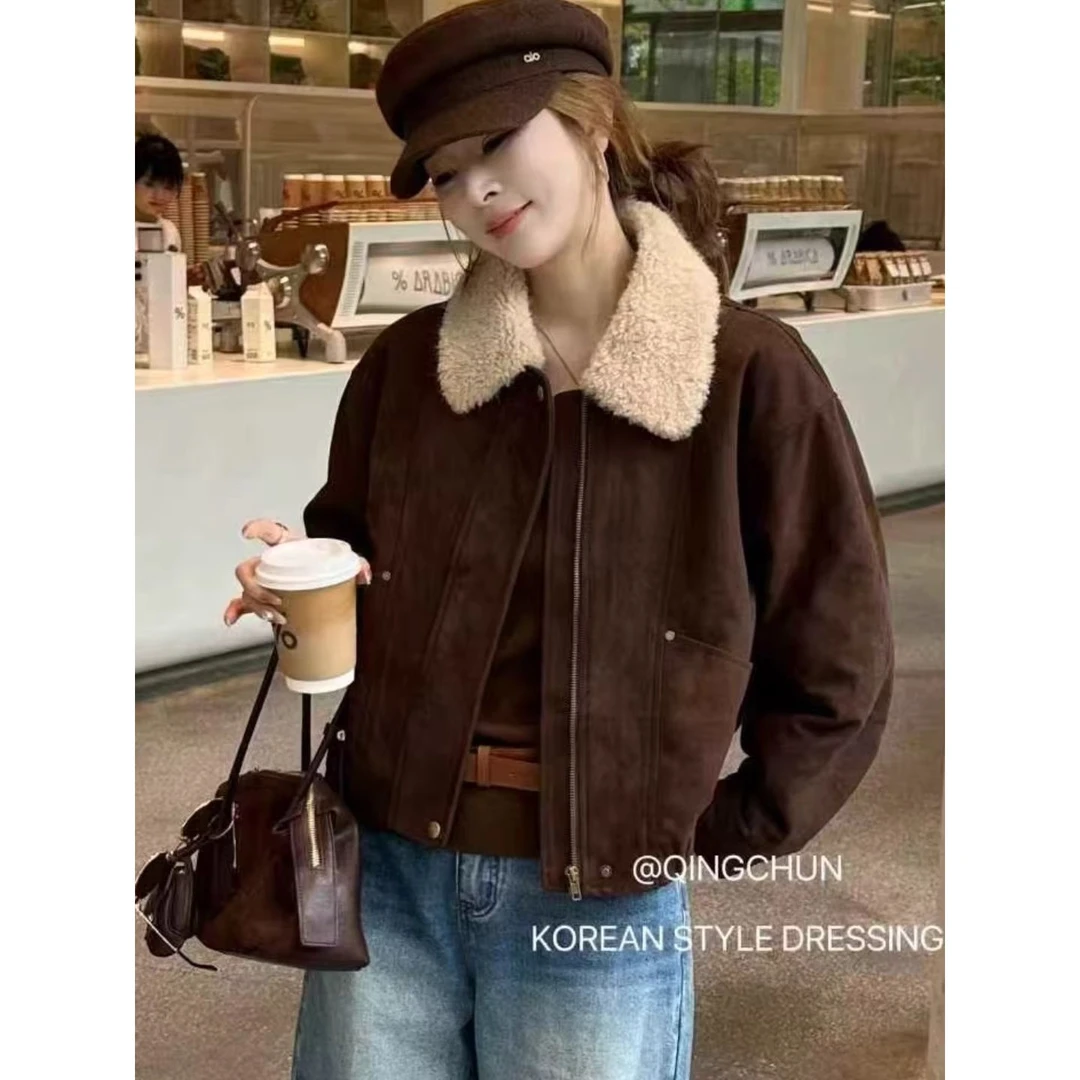 羊羔毛翻领麂皮绒外套女冬季新款短款宽松休闲显瘦夹克加厚上衣潮