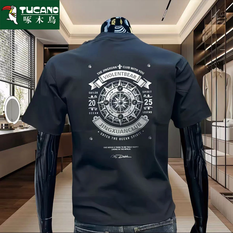 啄木鸟短袖免烫印花圆领常规款夏季T恤网红休闲个性潮流男装半袖