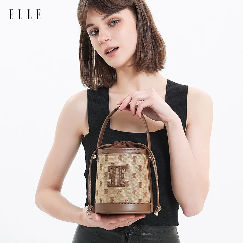 ELLE早秋上新新款女士轻奢水桶单肩斜跨包印花手拎腋下包爆款百搭