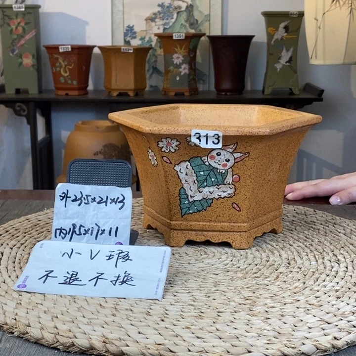 花盆紫砂  微微瑕柴烧兔手绘六方313