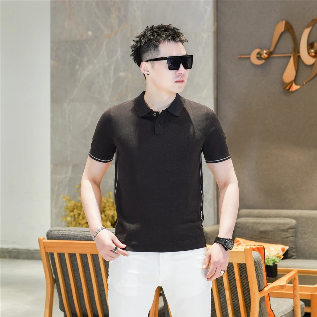 男士商务休闲老钱风棕色薄款针织翻领短袖POLO衫T恤上衣男GL80028