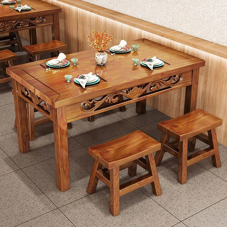 实木餐桌椅组合饭店复古雕花长方形快餐桌椅商用面馆小吃烧烤火锅
