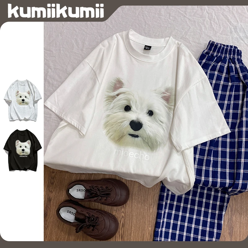 夏季纯棉趣味可爱小狗印花圆领小众宽松半袖T恤休闲上衣#T09974