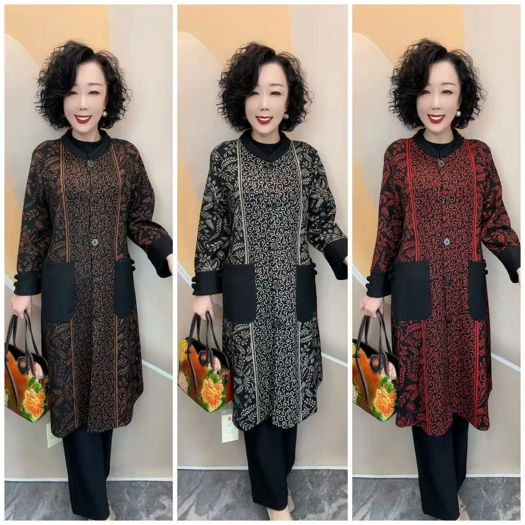 5393新款中老年妈妈艺术花不加衬宽松大码时尚长风衣，衣长106