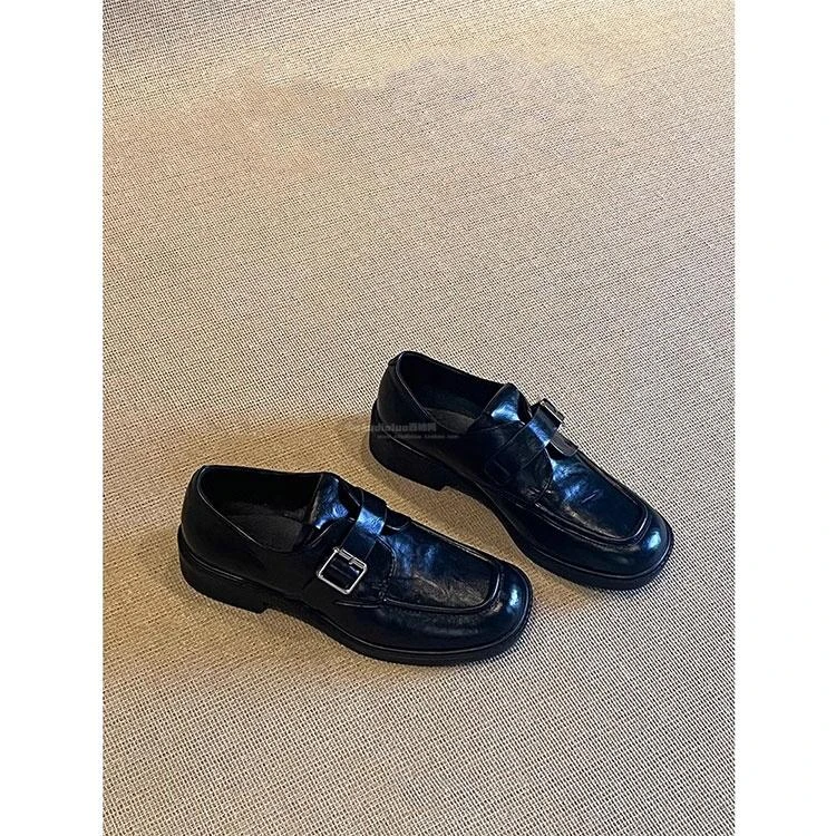 真皮~方头皮带扣小皮鞋女2025新款通勤粗跟学院风乐福鞋百搭单鞋