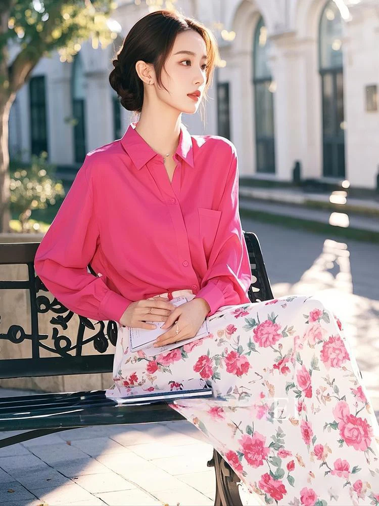 夏季穿搭一整套时尚减龄玫红色衬衫套装裙两件套气质韩版高级女装