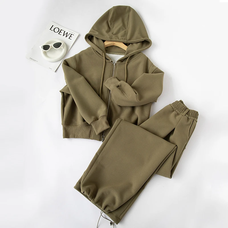 慵懒风休闲时尚套装显瘦连帽卫衣外套针织运动