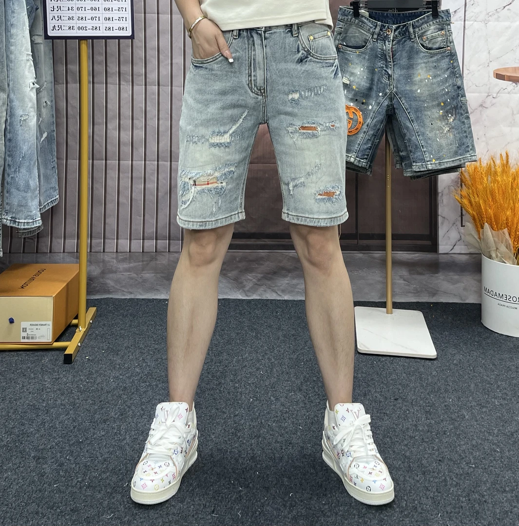 欧美潮流休闲男破洞牛仔短裤直筒修身中裤夏季五分牛仔裤薄款韩版