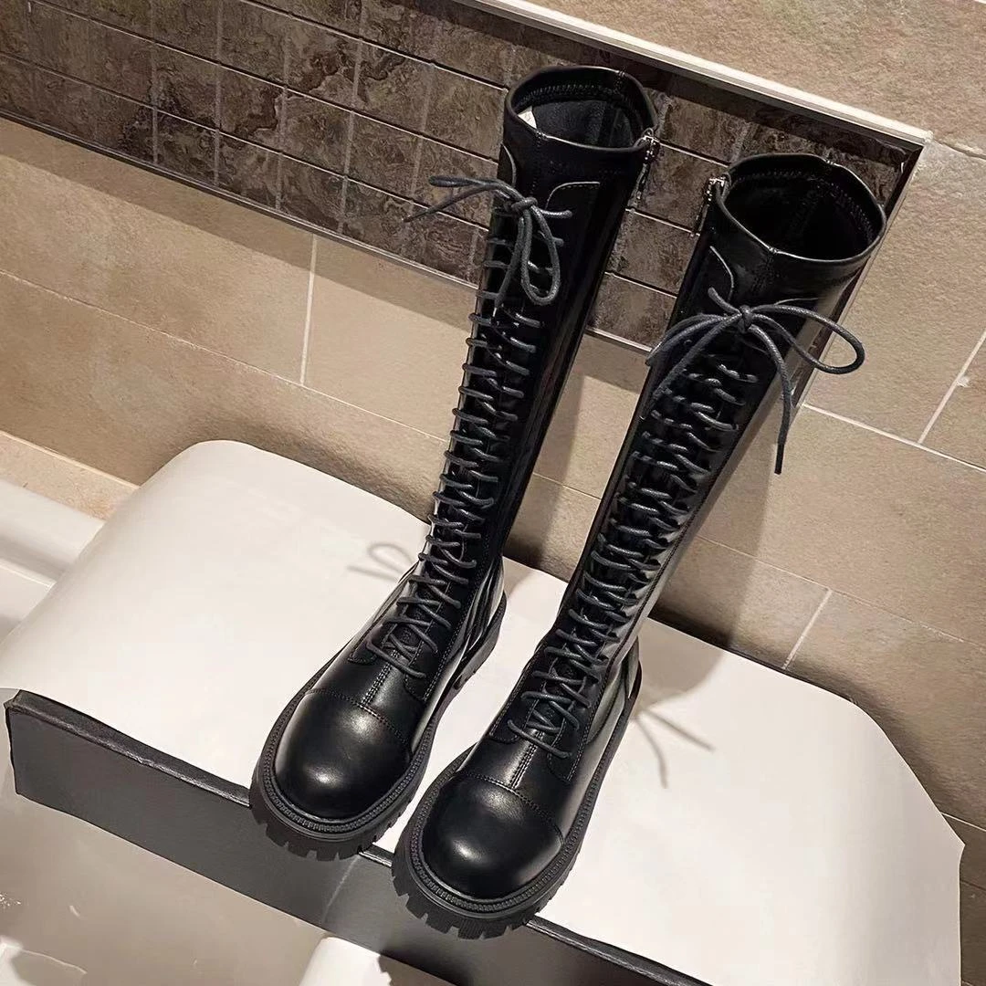 长靴女系带平底不过膝长筒靴马丁靴女高筒靴24新款百搭骑士靴