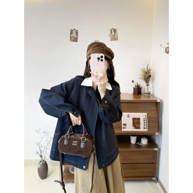 QY-韩系宽松百搭秋款大口袋撞色翻领外套女YD-2502