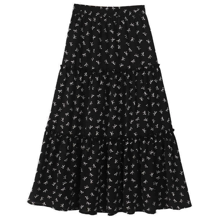 140-158小个子春季简约显瘦高腰弹力腰碎花半身裙