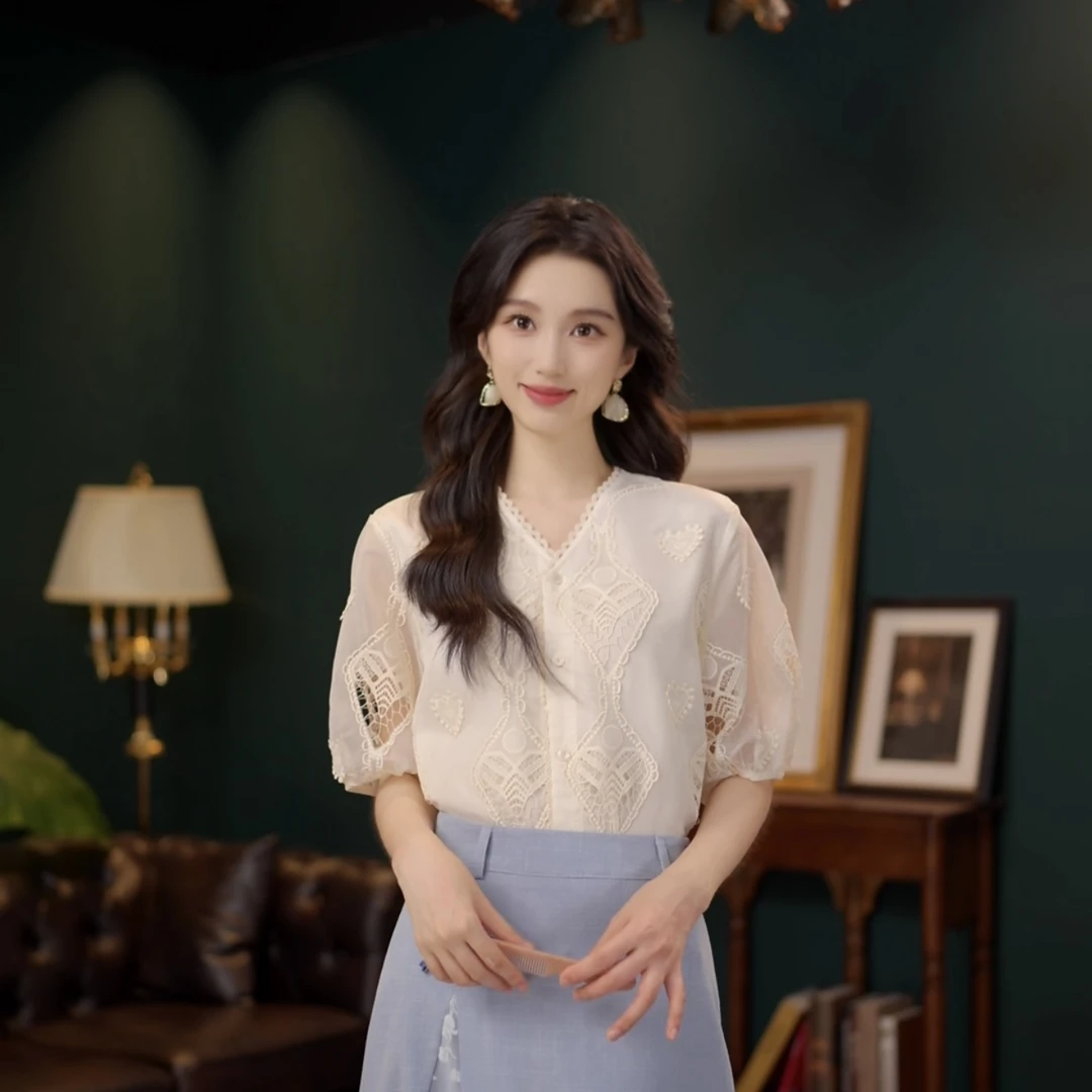 琦琦【抒情曲】温柔衬衣休闲百搭短袖衬衫女夏季宽松上衣YF1102437