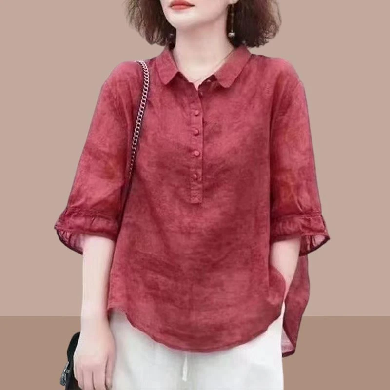 妈妈夏装冰丝苎麻T恤洋气上衣2025新款套装中年女装中袖棉麻衬衫