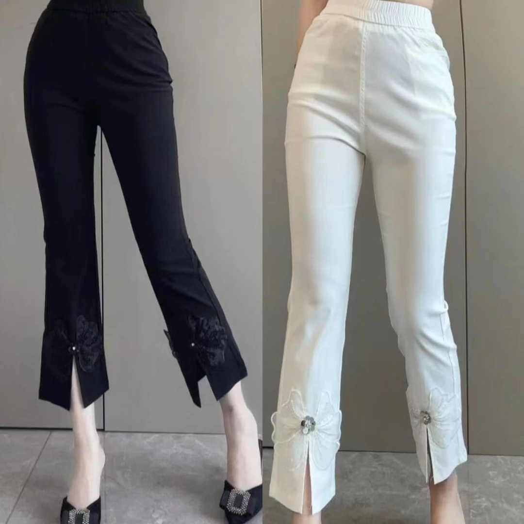 LL琳大码夏季款时尚洋气纯色松紧腰钉珠大花前开叉八分裤显瘦6502