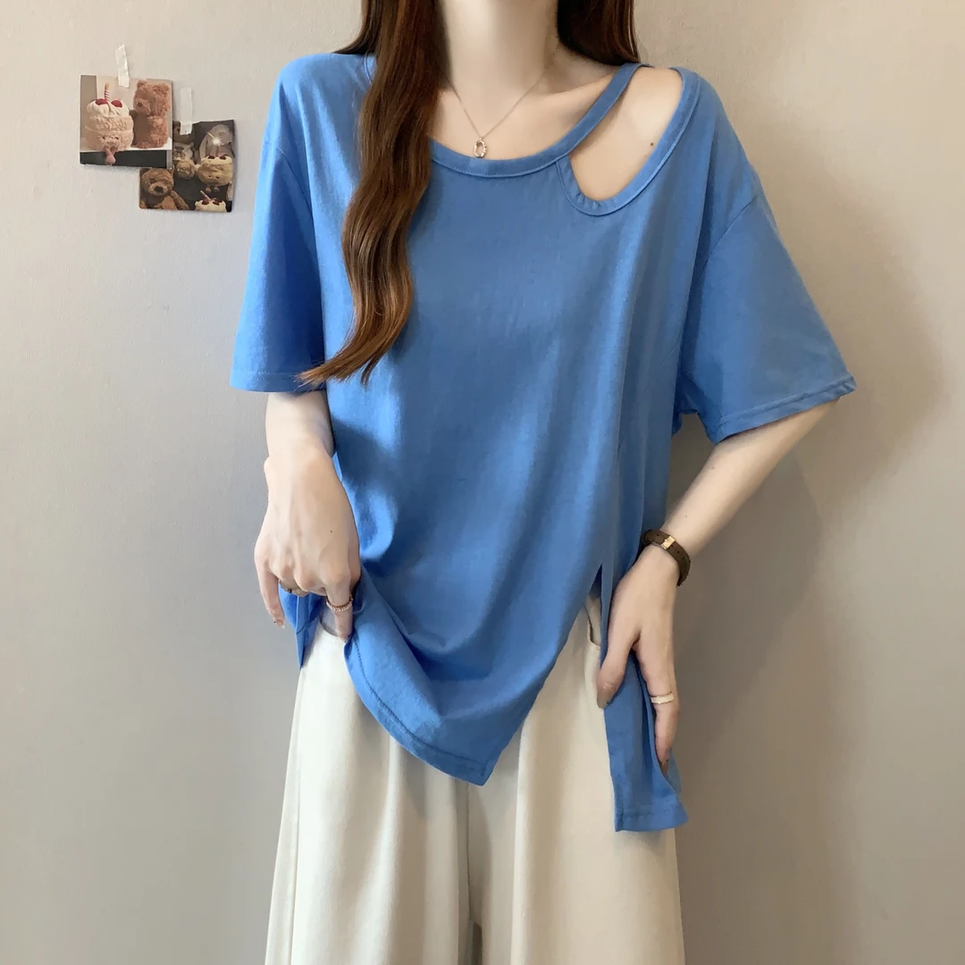 大码微胖妹妹不规则别致开叉短袖T恤女夏季新款设计感慵懒风上衣