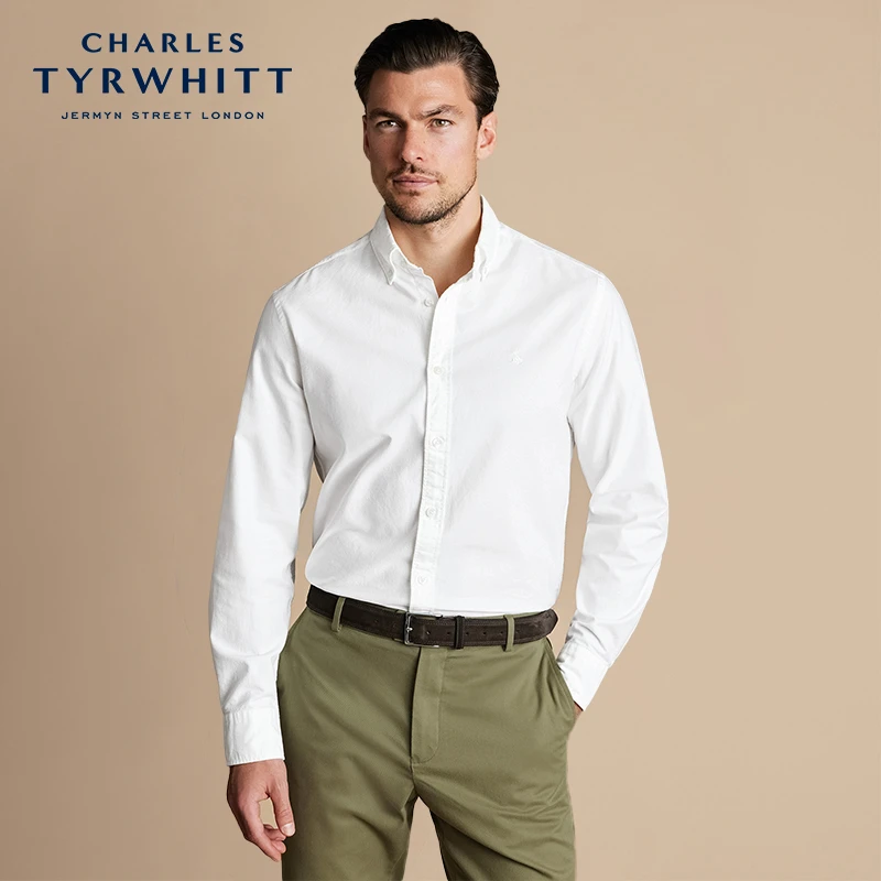 CHARLES TYRWHITT超修身版型白色简约纯色休闲衬衣牛津纺衬衫男