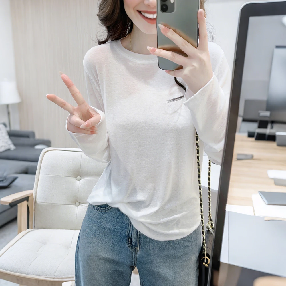 圆领长袖薄款修身T恤女早秋薄款减龄显瘦基础款洋气休闲绵羊毛衫