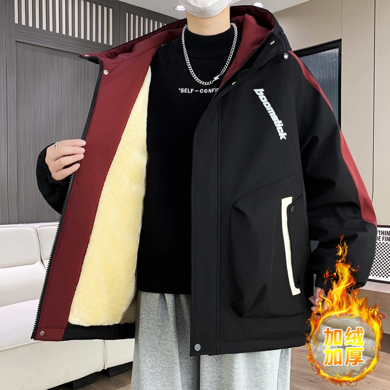 加绒加厚外套男25新款冬季学院风初中学生潮牌夹克青少年棉衣男装