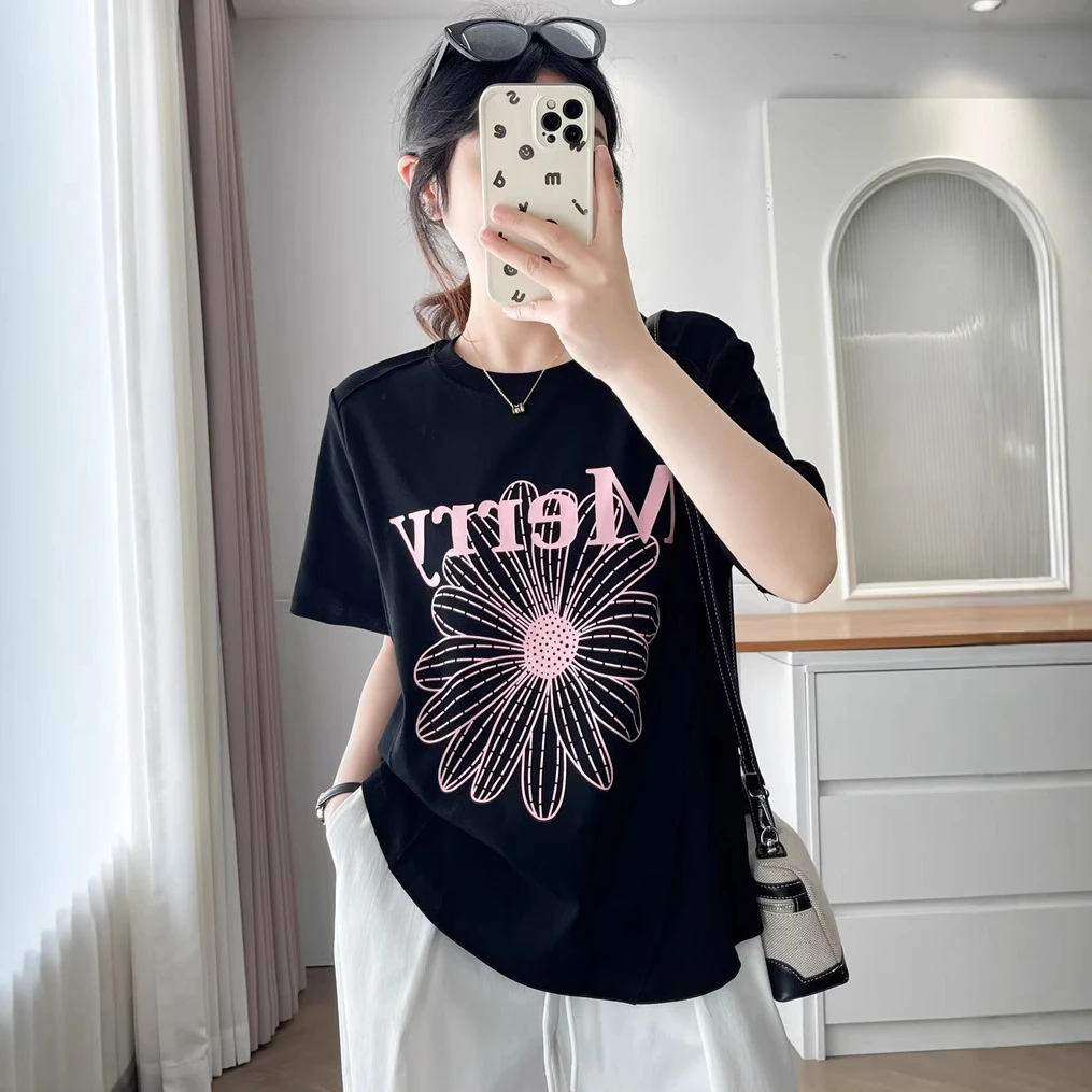 大码女装夏季正肩圆领宽松遮肉雏菊印花休闲显瘦T恤上衣女小众