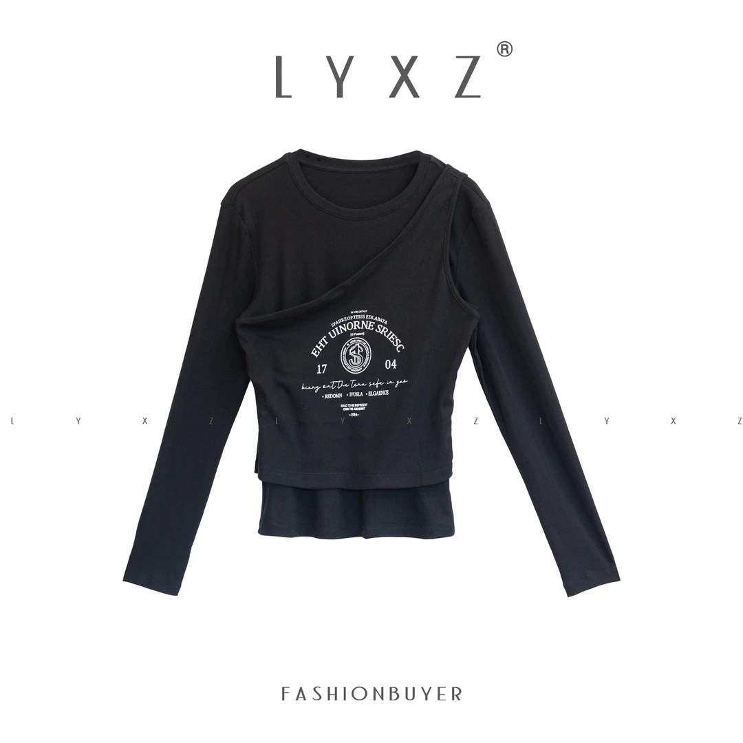 LYXZ x【假两件】早秋新款假两件长袖T恤圆领字母上衣79722