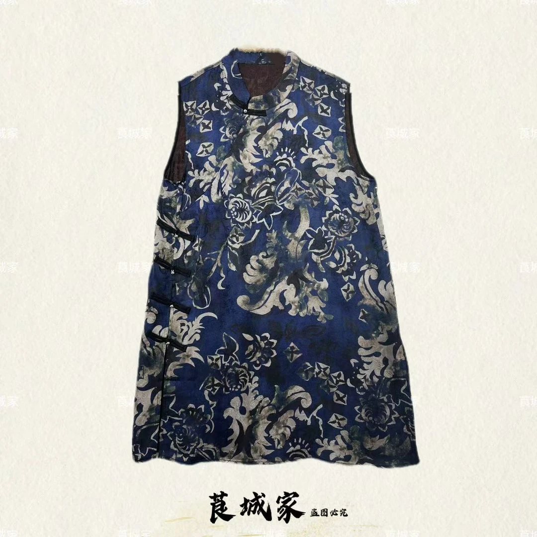 S1680锦瑟 大版新中式青花瓷老料斜襟无袖上衣