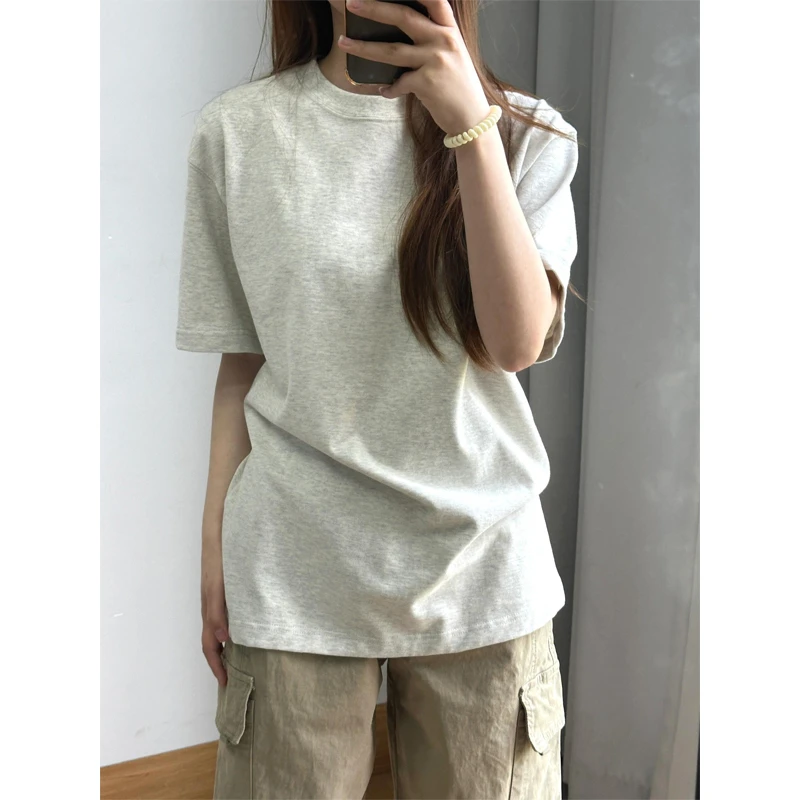 浅灰色重磅纯棉T恤男夏季美式小领口休闲短袖宽松oversize半截袖