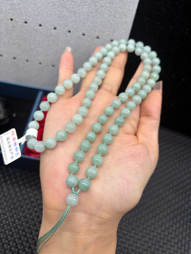 精美天然缅甸A货翡翠果绿圆珠7mm玉石挂件绳项链毛衣链长链百搭款