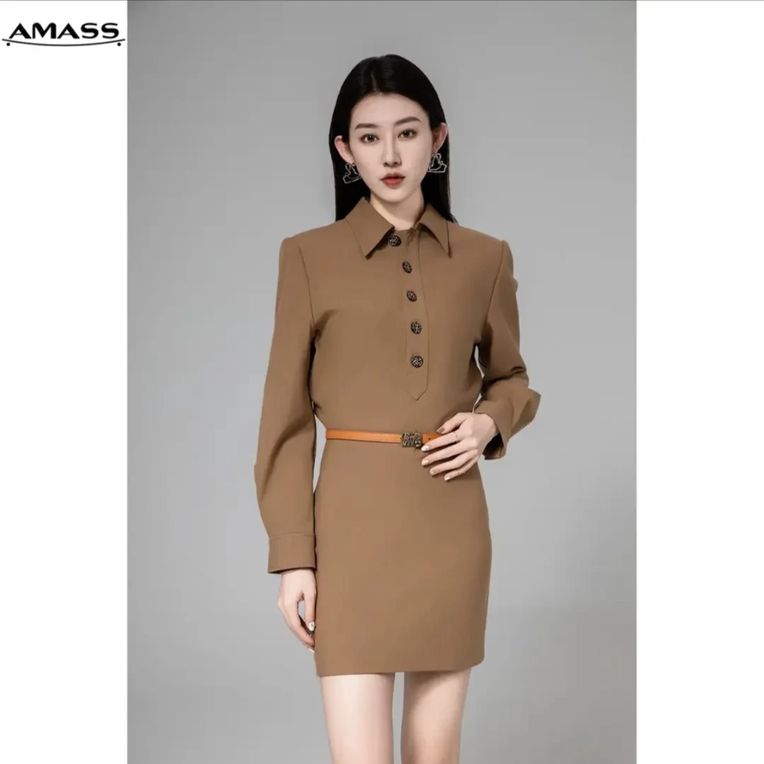 AMASS/阿玛施黒柜系列纯色长袖收腰连衣裙短裙法式百搭5500472