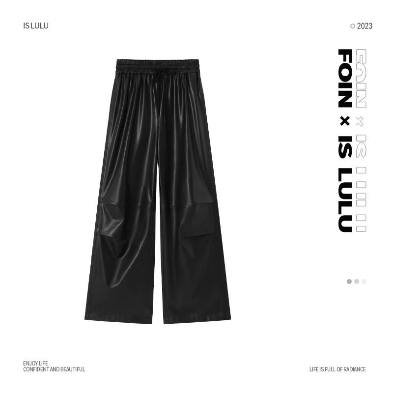 12清【邱肉瑶清】美式机车 气质口袋设计阔腿皮裤小众直筒显瘦工装