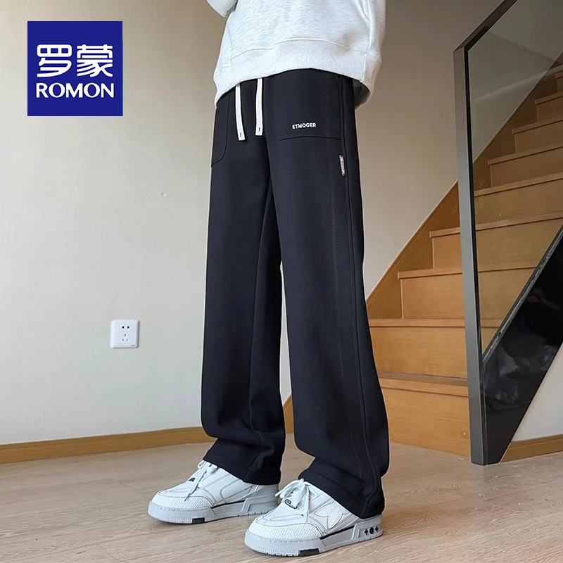 罗蒙重磅休闲裤子男款春秋新款阔腿运动卫裤青少年宽松直筒长裤子