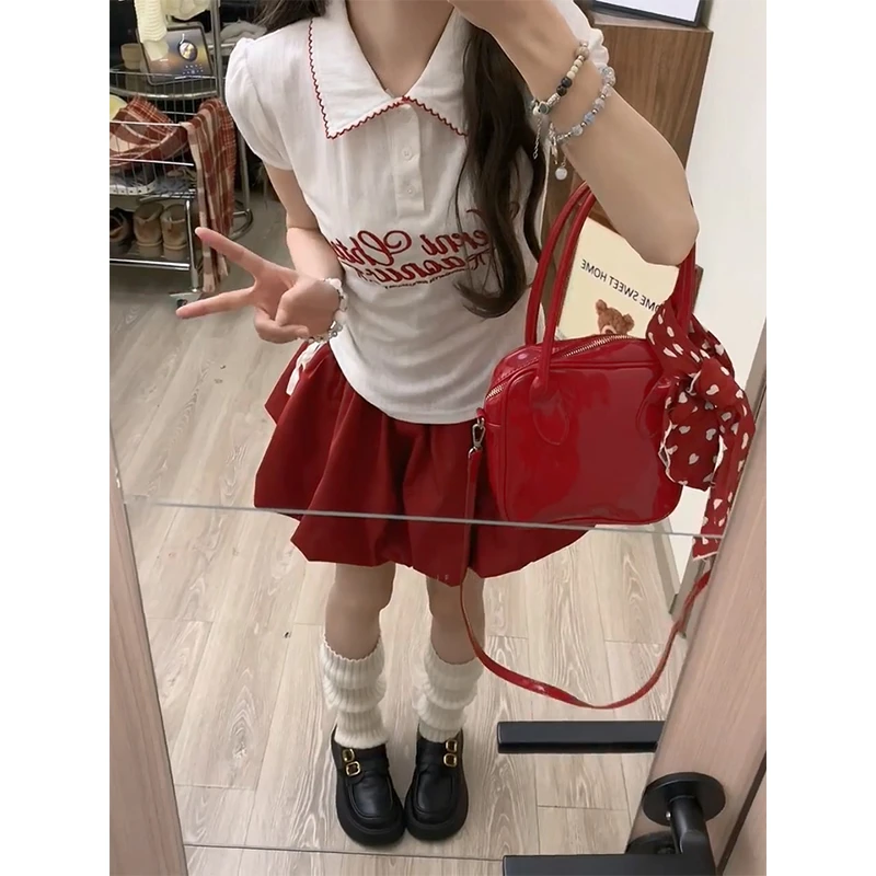 2025夏季新款女韩系穿搭翻领印花短袖上衣气质高腰显瘦花苞半身裙