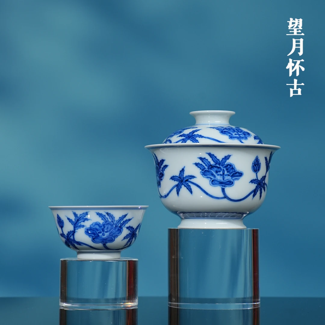望月怀古秋葵茶器  景德镇釉下彩青花全手工手绘家用茶具茶碗