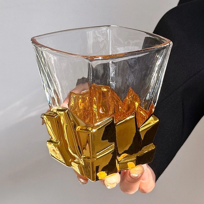 太空金冰块杯轻奢玻璃杯创意艺术限定酒杯手绘威士忌杯洋酒杯玻璃