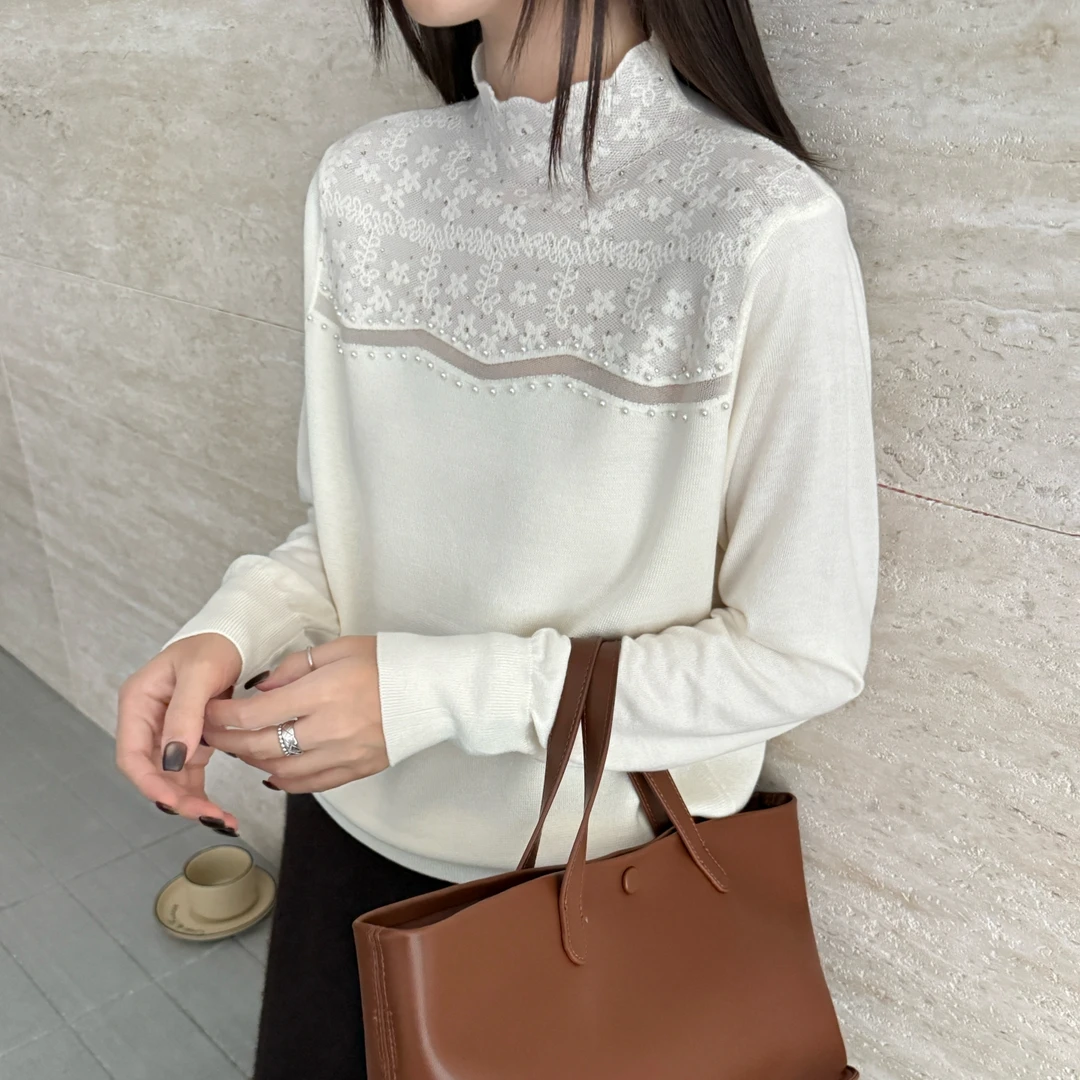 欧货桑蚕丝羊毛秋冬新款打底衫蕾丝花边半高领满天星针织毛衣女装