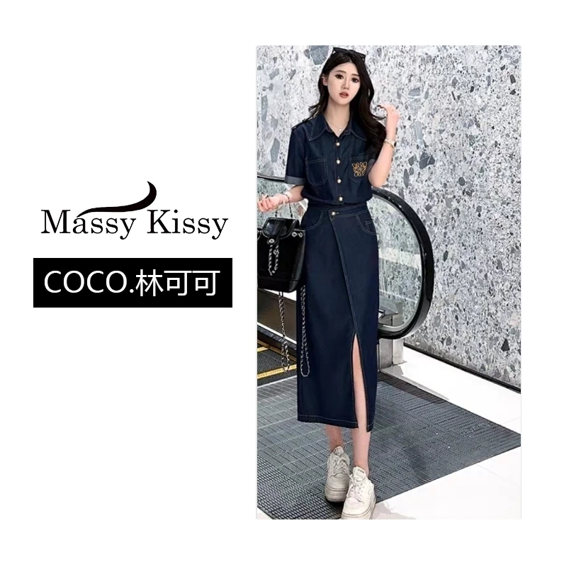 港风复古牛仔连衣裙女夏季新款气质收腰开叉长裙时尚女装|25520