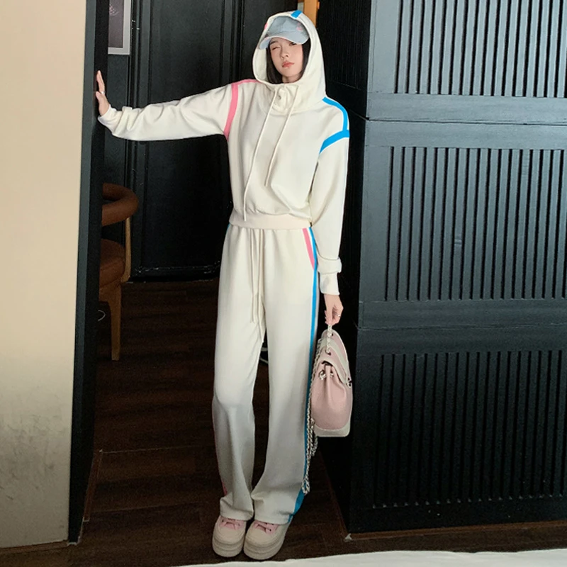 时尚套装女春季洋气拼接色连帽卫衣直筒卫裤两件套潮