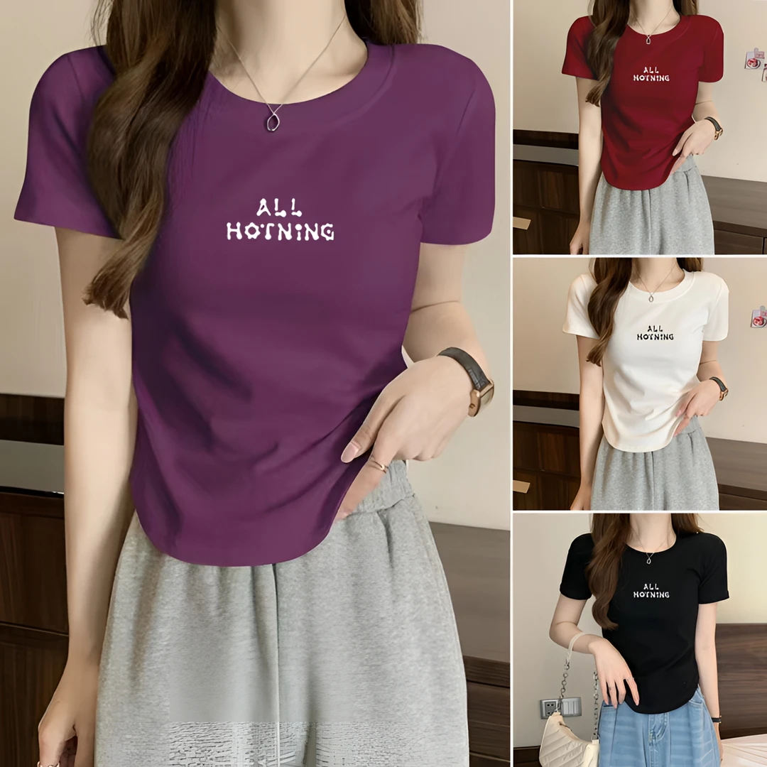 【ALL】夏季圆领短袖T恤女百搭半袖不规则设计感修身显瘦印花上衣