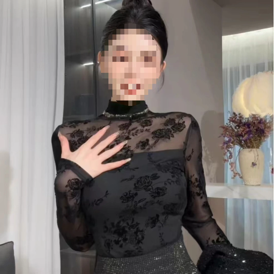 2025春季新款植绒半高领长袖蕾丝打底衫女气质修身显瘦外穿上衣