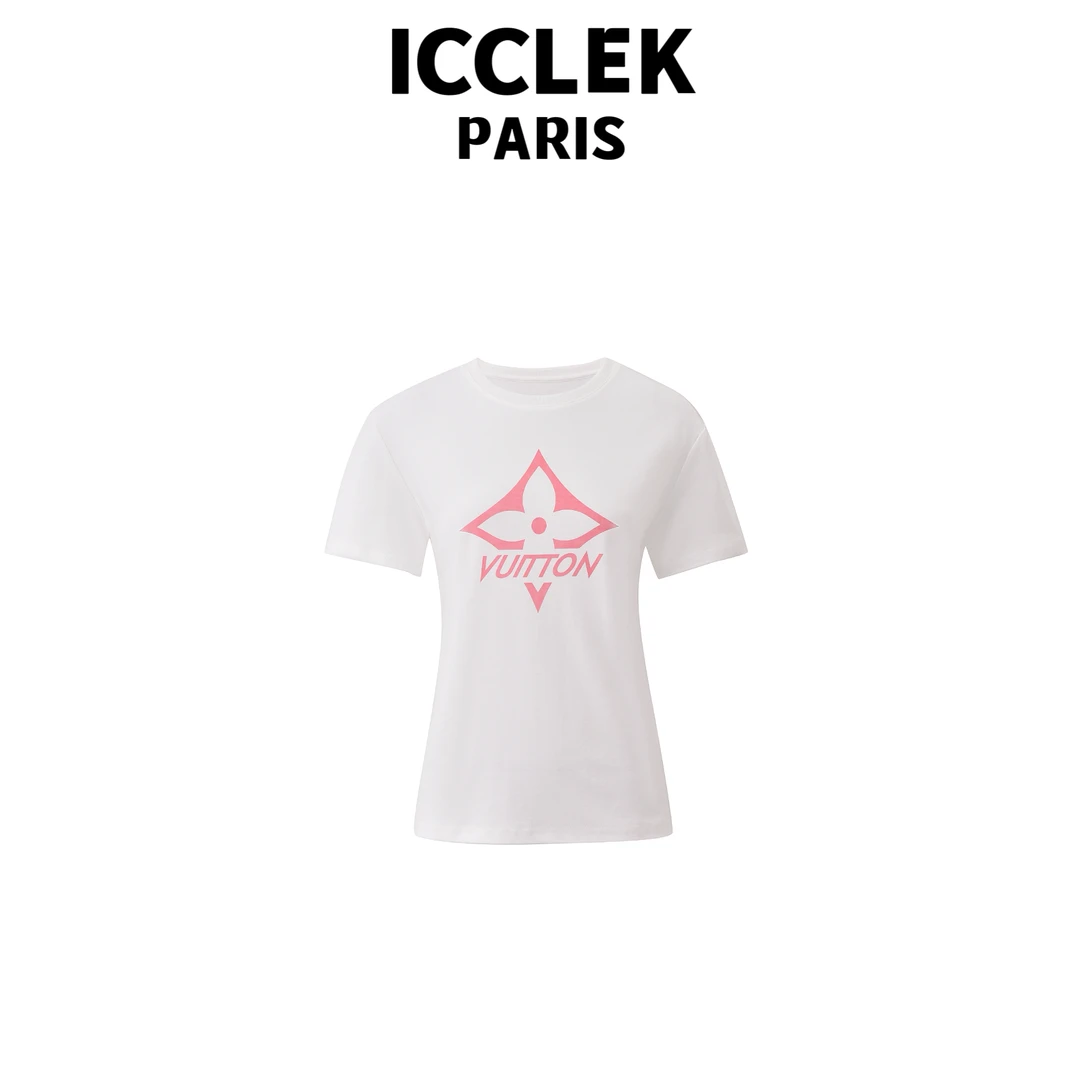 ICCLEK 白色印花圆领套头短袖T恤 休闲 百搭 -5346